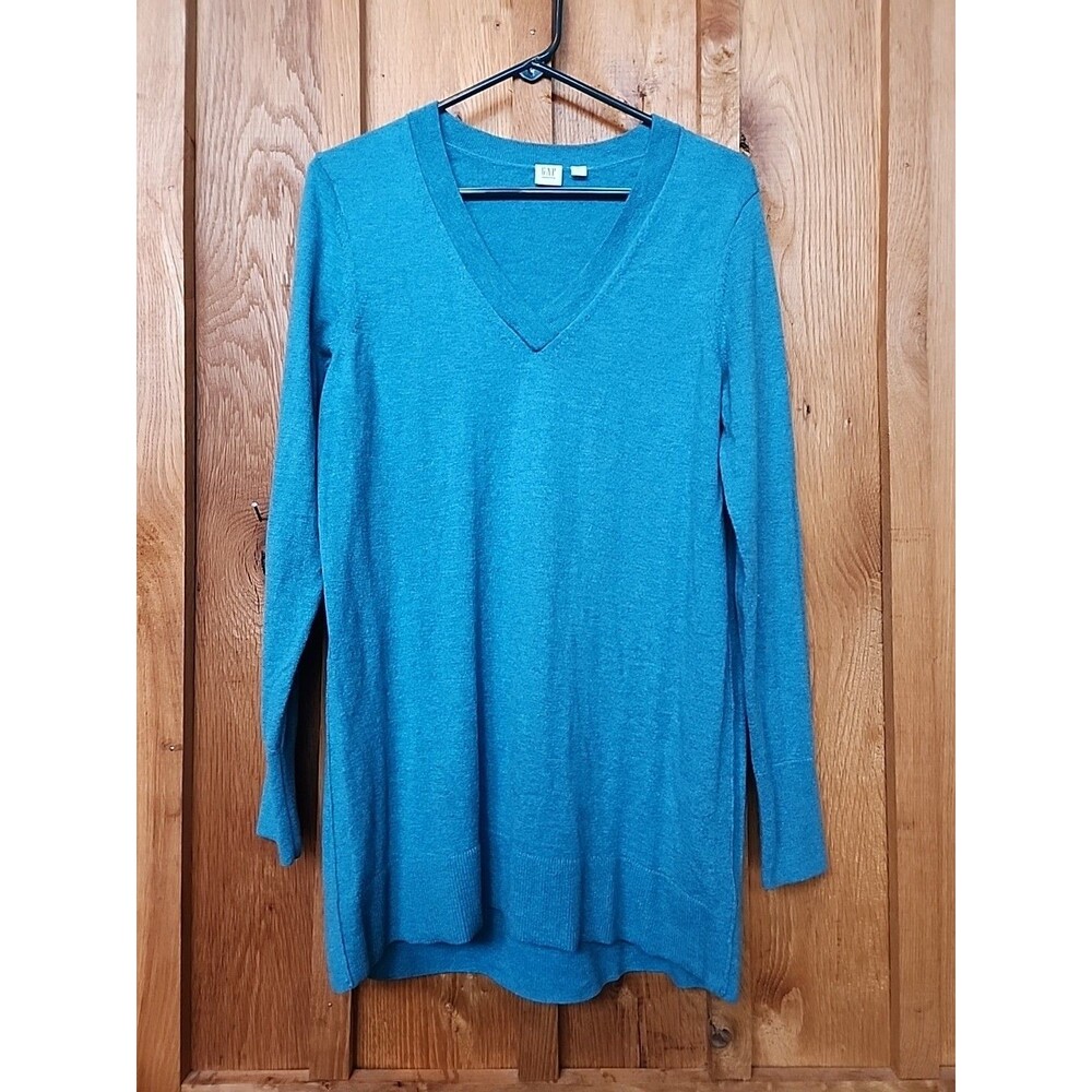 Gap Maternity Merino Wool V-Neck Tunic Knit Cozy Sweater, Large, Teal Green Blue